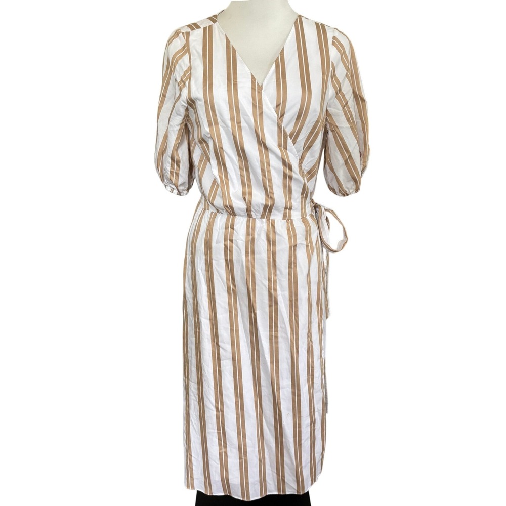 Ann Taylor Striped Midi Wrap Dress Sz M White Brown Puff Sleeves Coastal Chic